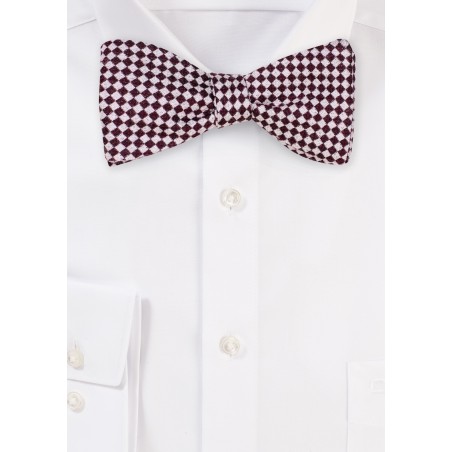 Gingham Check Bow Tie in Burgundy and Silver | Silk and Wool Self-Tie Gingham Check Bowtie