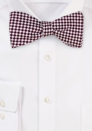 Gingham Check Bow Tie in Burgundy and Silver | Silk and Wool Self-Tie Gingham Check Bowtie