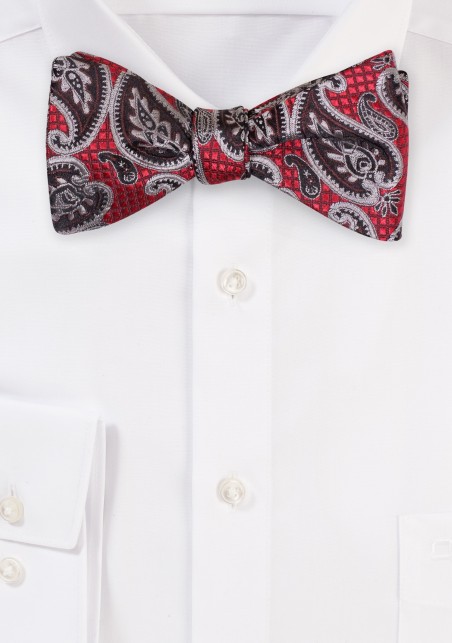 Crimson and Gold Paisley Bow Tie | Self Tie Bow Tie in Crimson Red and Antique Gold