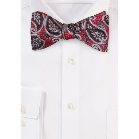 Crimson and Gold Paisley Bow Tie | Self Tie Bow Tie in Crimson Red and Antique Gold