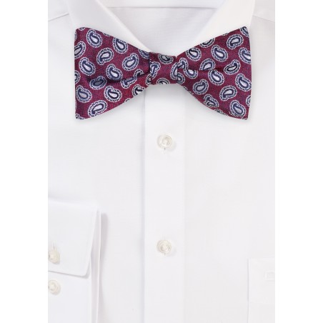 Burgundy and Silver Paisley Bow tie | Self Tie Silk Bow tie in Burgundy with Silver Paisley