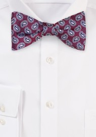 Burgundy and Silver Paisley Bow tie | Self Tie Silk Bow tie in Burgundy with Silver Paisley