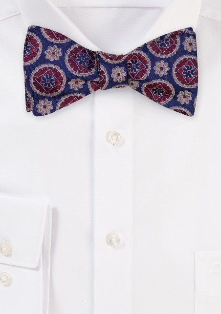 Navy and Wine Silk Bow Tie | Medallion Designer Bowtie in Pure Silk