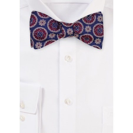 Navy and Wine Silk Bow Tie | Medallion Designer Bowtie in Pure Silk