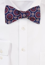 Navy and Wine Silk Bow Tie | Medallion Designer Bowtie in Pure Silk