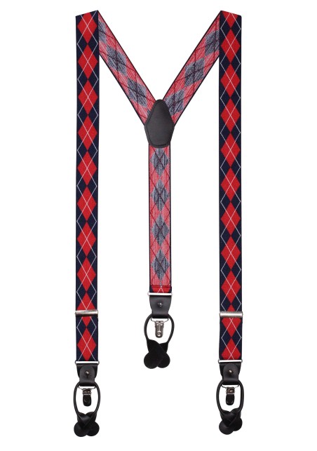 Navy and Cherry Red Argyle Check Mens Suspenders