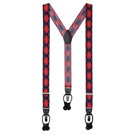 Navy and Cherry Red Argyle Check Mens Suspenders