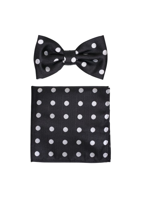 Black Bowtie with Silver Polka Dots and Matching Pocket Square