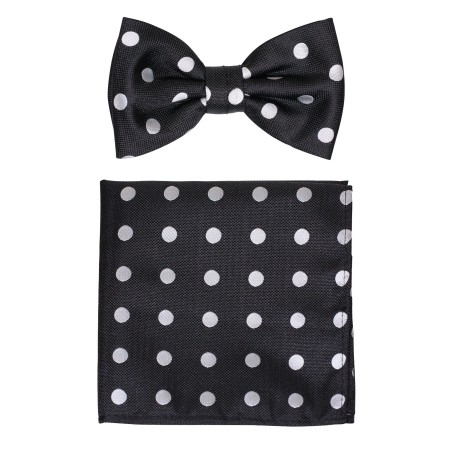 Black Bowtie with Silver Polka Dots and Matching Pocket Square