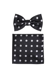 Black Bowtie with Silver Polka Dots and Matching Pocket Square