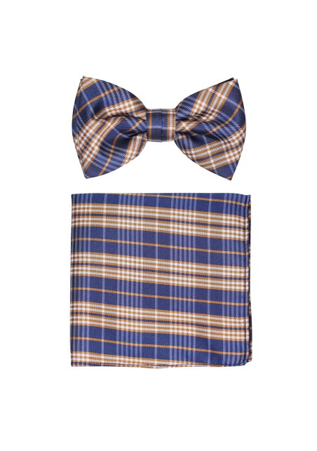 Navy and Gold Bowtie and Pocket Square Set with Checks