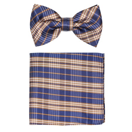 Navy and Gold Bowtie and Pocket Square Set with Checks