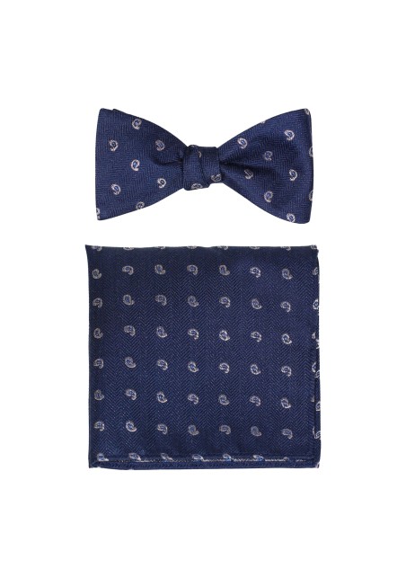 Self-Tied BowTie Set in Navy and Silver Paisley Design