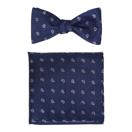 Self-Tied BowTie Set in Navy and Silver Paisley Design