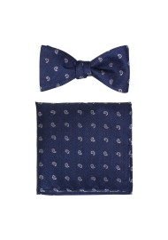 Self-Tied BowTie Set in Navy and Silver Paisley Design
