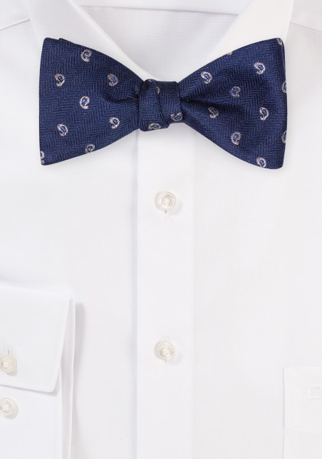 Self-Tied BowTie Set in Navy and Silver Paisley Design