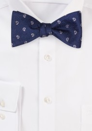 Self-Tied BowTie Set in Navy and Silver Paisley Design