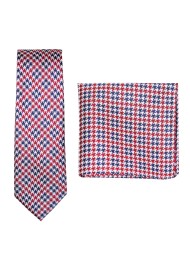 Red, White, Blue Houndstooth Check Necktie Set