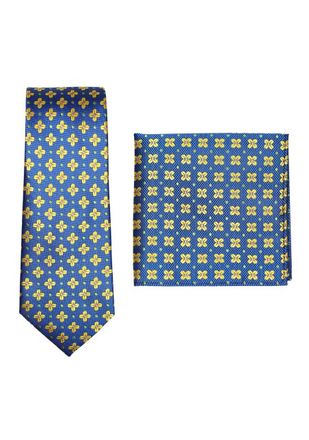Floral Necktie and Pocket Square Set in Blue and Gold