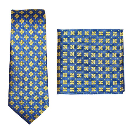 Floral Necktie and Pocket Square Set in Blue and Gold