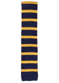 Navy and Gold Striped Knit Tie | Skinny Knit Tie in 100% Silk with Striped in Navy and Amber Gold
