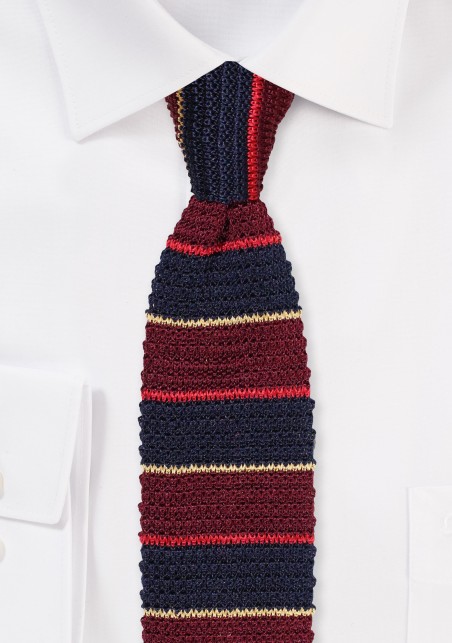 Designer Knit Tie in 100% Silk | Horizontal Striped Silk Knitted Necktie in Navy, Burgundy, Golden Yellow
