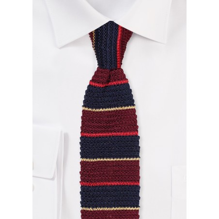 Designer Knit Tie in 100% Silk | Horizontal Striped Silk Knitted Necktie in Navy, Burgundy, Golden Yellow