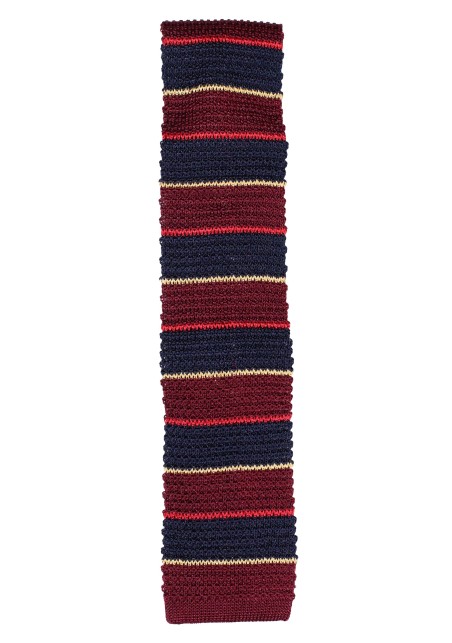 Designer Knit Tie in 100% Silk | Horizontal Striped Silk Knitted Necktie in Navy, Burgundy, Golden Yellow