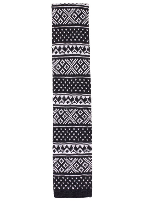 Fair Isle Knit Tie | Knitted Skinny Tie in Black and White Fair Isle Pattern