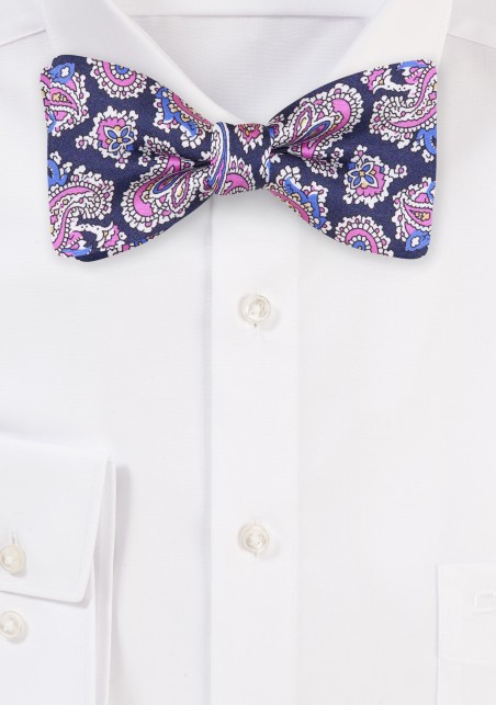 Silk Paisley Bow Tie | Navy Bow Tie with Pink and White Paisley Print