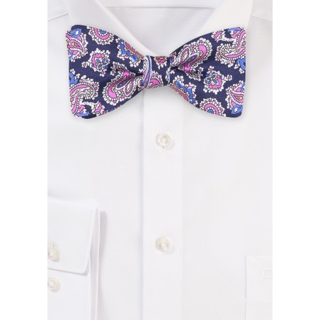 Silk Paisley Bow Tie | Navy Bow Tie with Pink and White Paisley Print