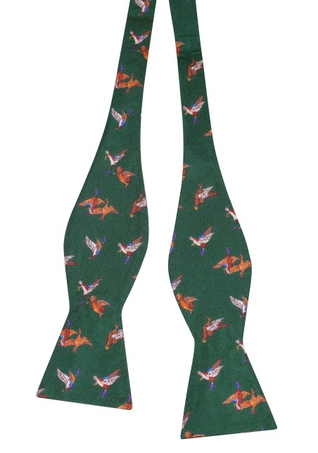 Flying Ducks Bow Tie in Green | Self Tie Silk Bow Tie with Ducks in Hunter Green