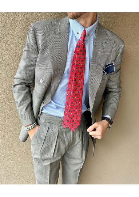 Foulard Print Striped Tie | Red and Blue Printed Designer Silk Necktie