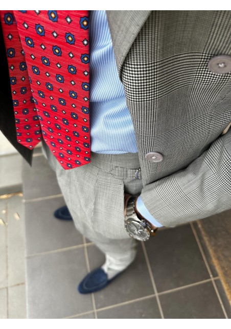 Foulard Print Striped Tie | Red and Blue Printed Designer Silk Necktie