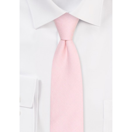 Skinny Linen Tie in Petal | Slim Cut Mens Tie in Linen in Petal Pink