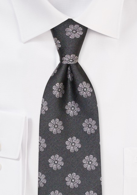 Charcoal Gray Silk Tie | Silk Tie in Dark Grays with Florals