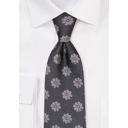Charcoal Gray Silk Tie | Silk Tie in Dark Grays with Florals