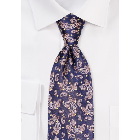 Navy, Bronze, Gold Paisley Tie | Paisley Polka Dot Tie in Blue and Bronze Gold