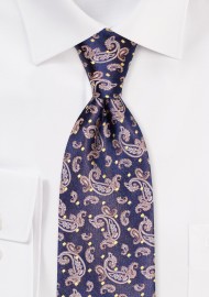 Navy, Bronze, Gold Paisley Tie | Paisley Polka Dot Tie in Blue and Bronze Gold