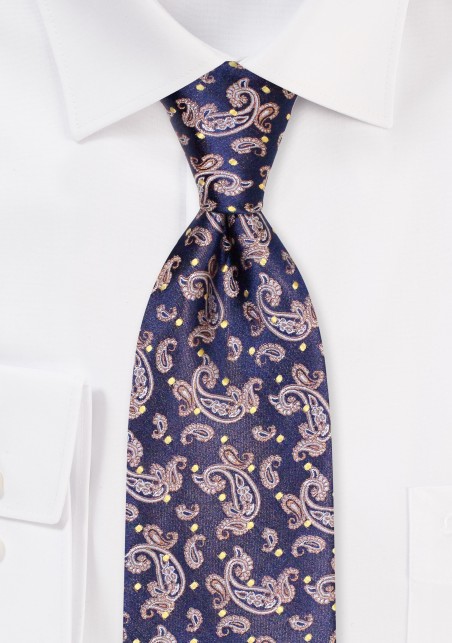 Navy, Bronze, Gold Paisley Tie in Extra Long Length