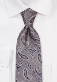 Shiny Silver Gray Paisley Tie | 100% Woven Paisley Tie in Silver and Gray
