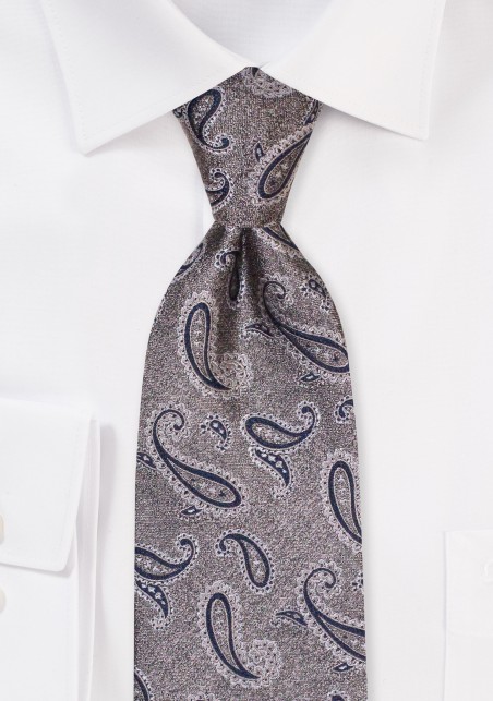 Silver Gray Paisley Tie in XL | 100% Woven Paisley Tie in Silver and Gray Extra Length