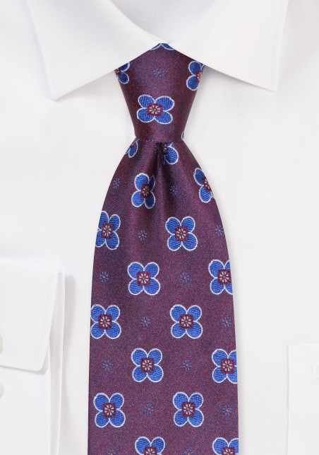 Merlot Red Woven Floral Tie | Silk Tie in Wine Red and Royal Blue Floral Weave