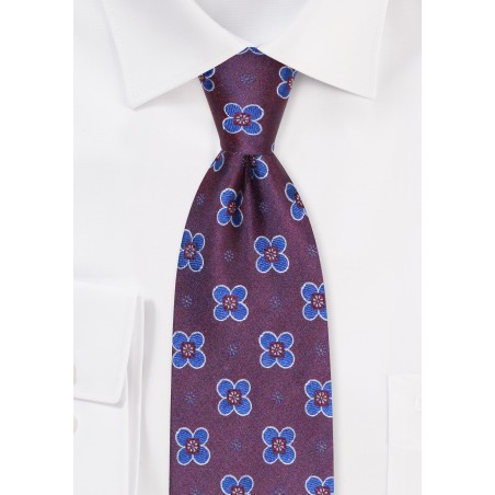 Merlot Red Woven Floral Tie | Silk Tie in Wine Red and Royal Blue Floral Weave