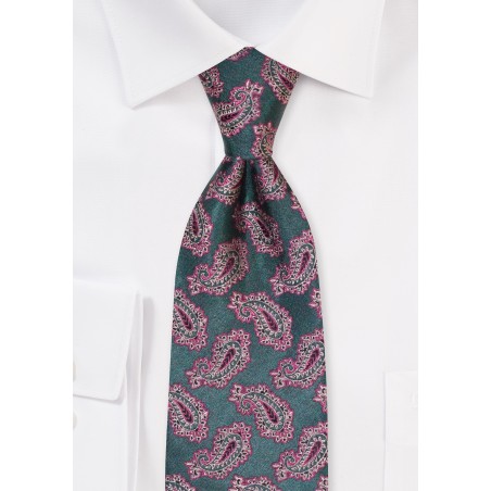 Extra Long Tie in Green and Gold Paisley Design