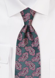 Extra Long Tie in Green and Gold Paisley Design