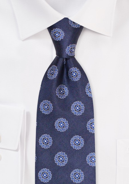 Extra Long Tie with Medallion Design | Navy Silk Tie in XXL