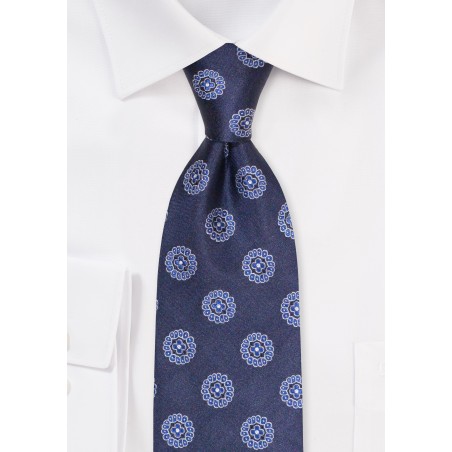 Extra Long Tie with Medallion Design | Navy Silk Tie in XXL