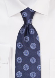 Extra Long Tie with Medallion Design | Navy Silk Tie in XXL