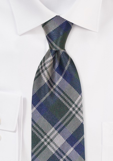 X: Midnight and Forest Green Tartan Check Tie in Silk | Extra Long Tartan Plaid Tie